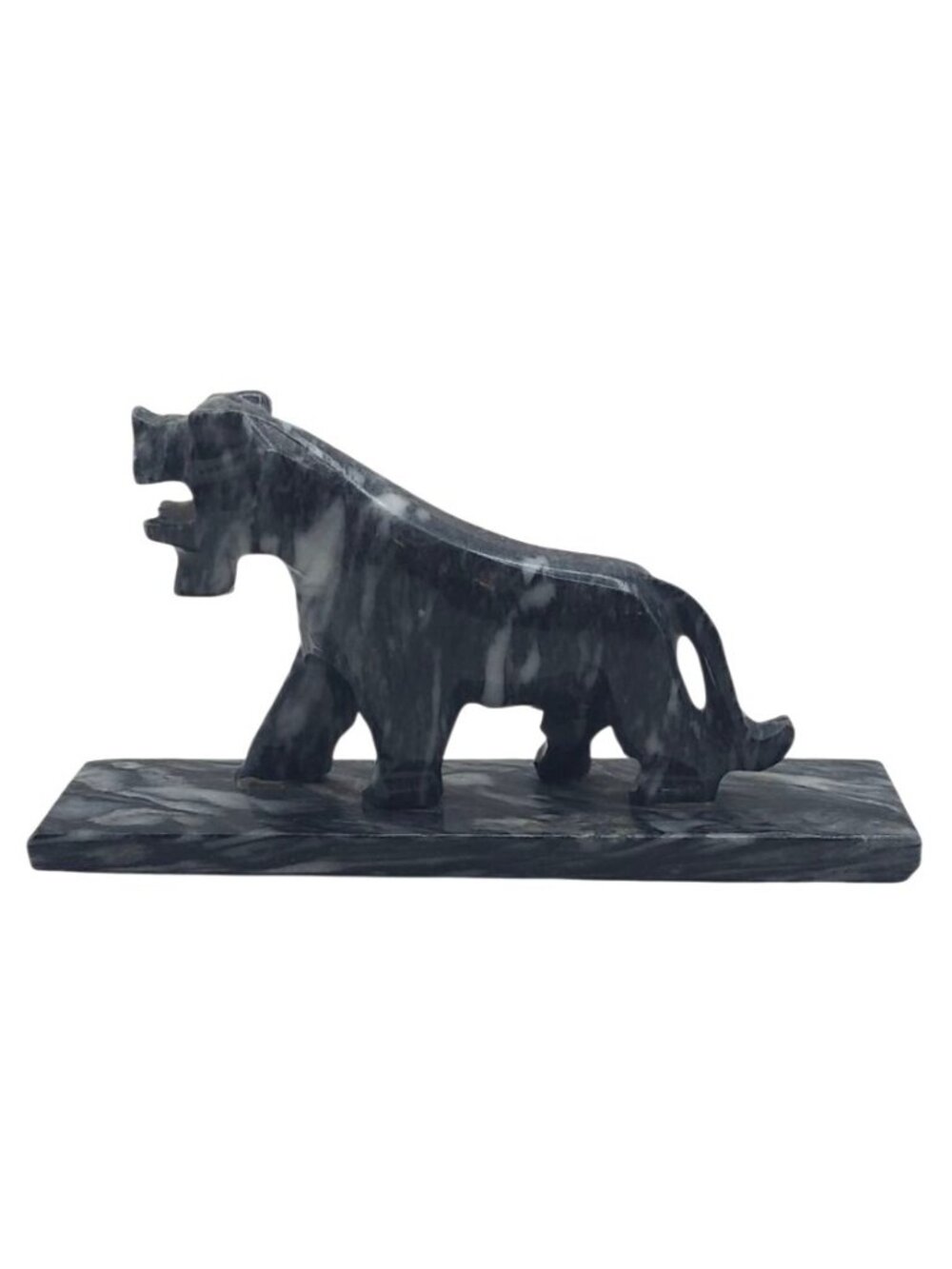 Marble Tiger Figurine Hand Carved Gray White Wild Cat Animal On Base Vintage